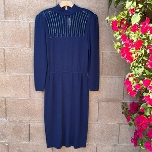 EUC St. John Embellished Knit Sweater Dress Size 10 Navy Crochet Office Vintage